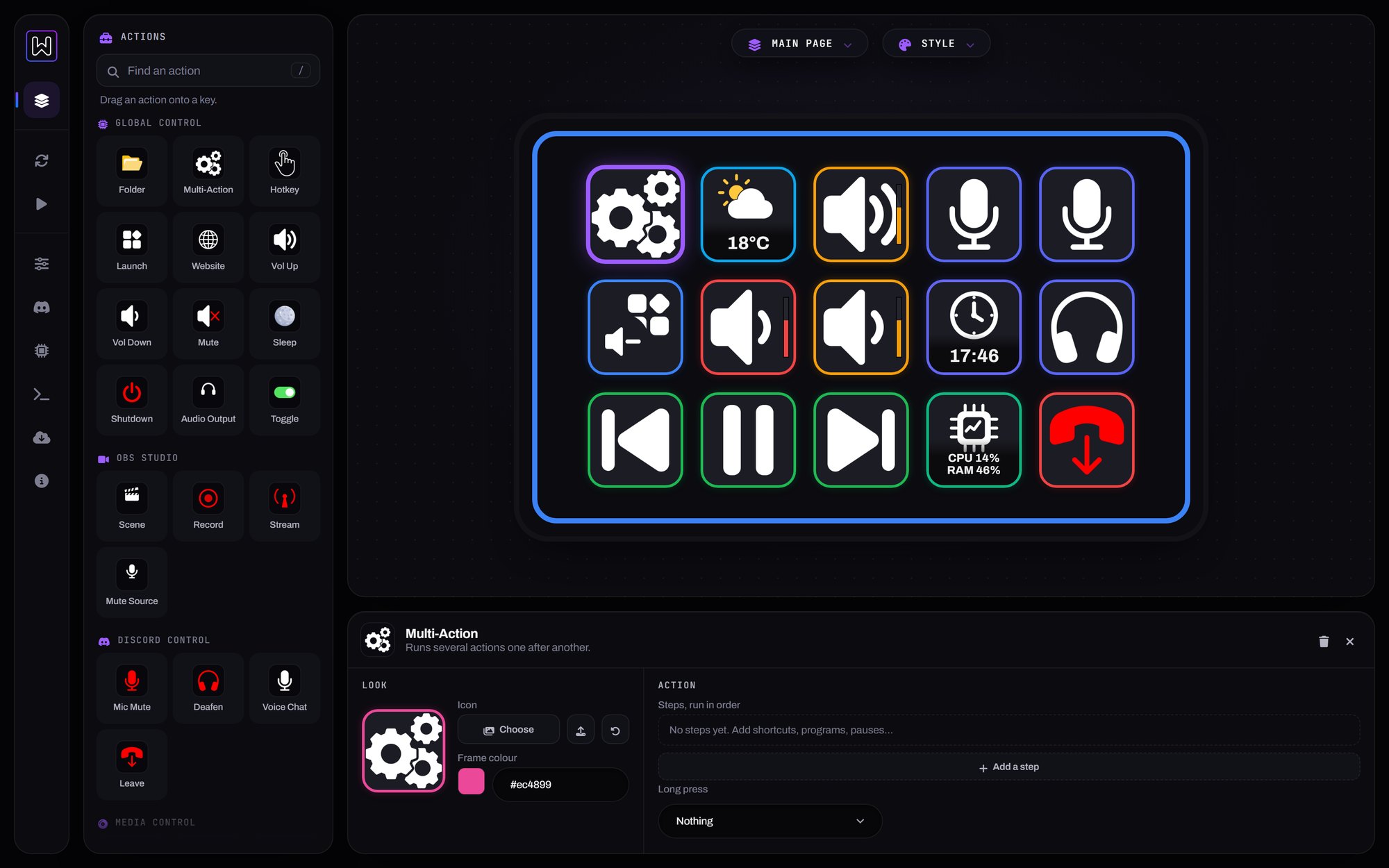 The Wdeck app: actions on the left, the key grid in the middle and the settings of the selected key below