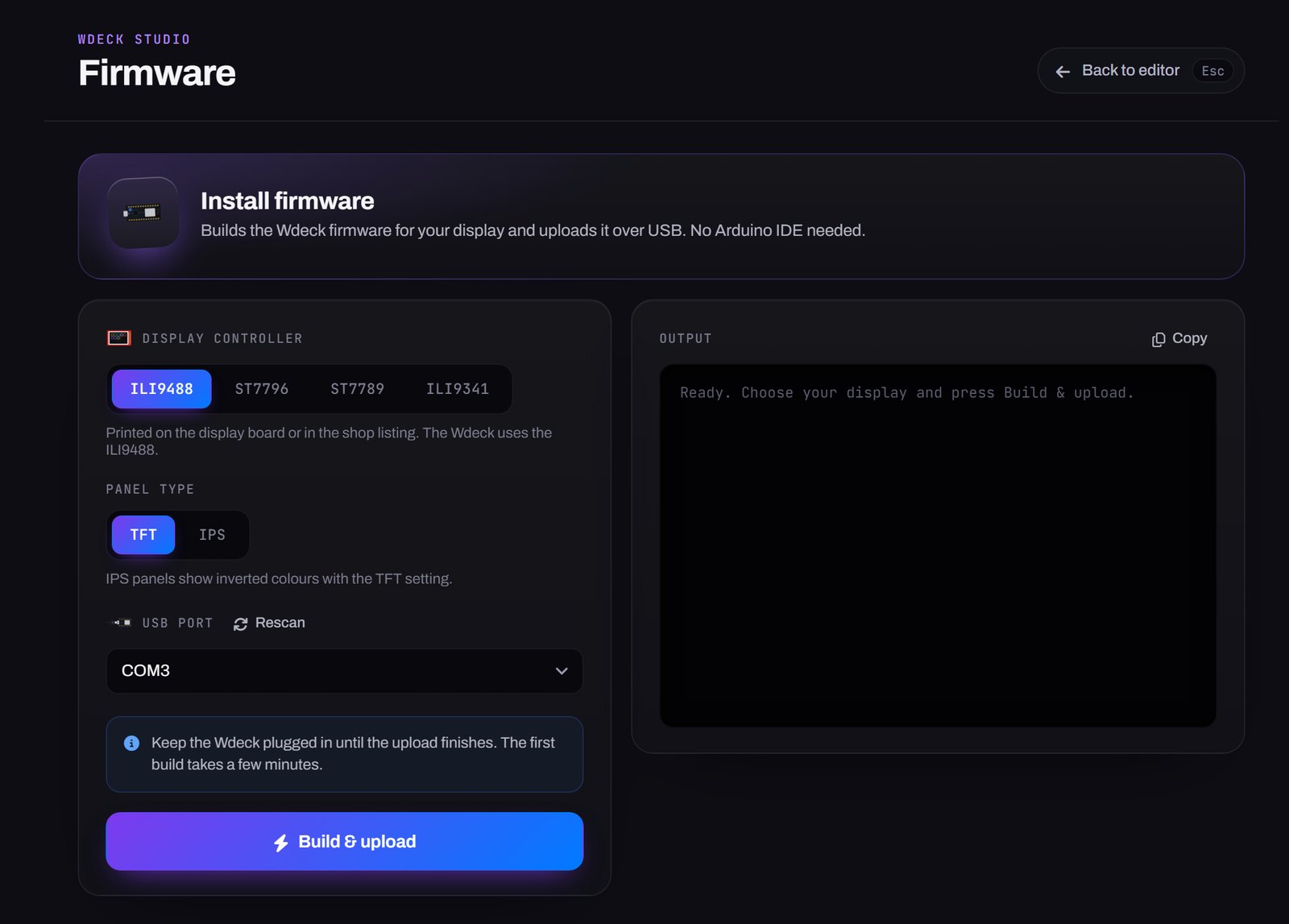 Install firmware screen inside the Wdeck app
