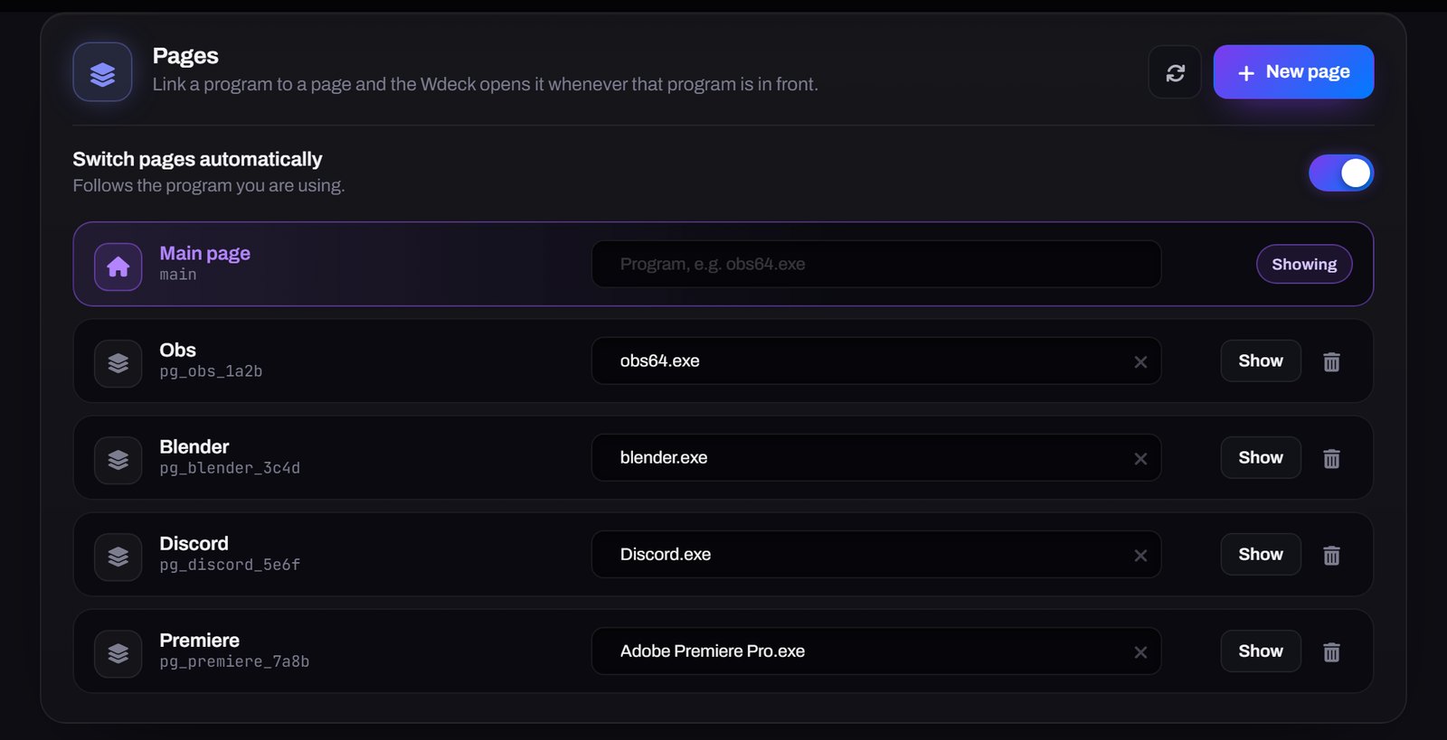 Pages linked to OBS, Blender, Discord and Premiere Pro